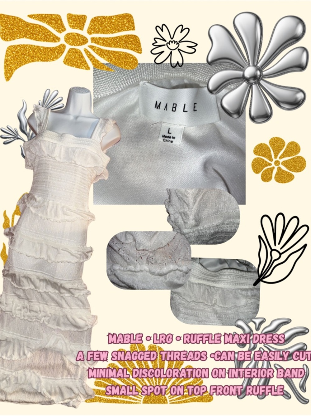 Mable White Ruffle Tiered Maxi Dress Boho •Size L•